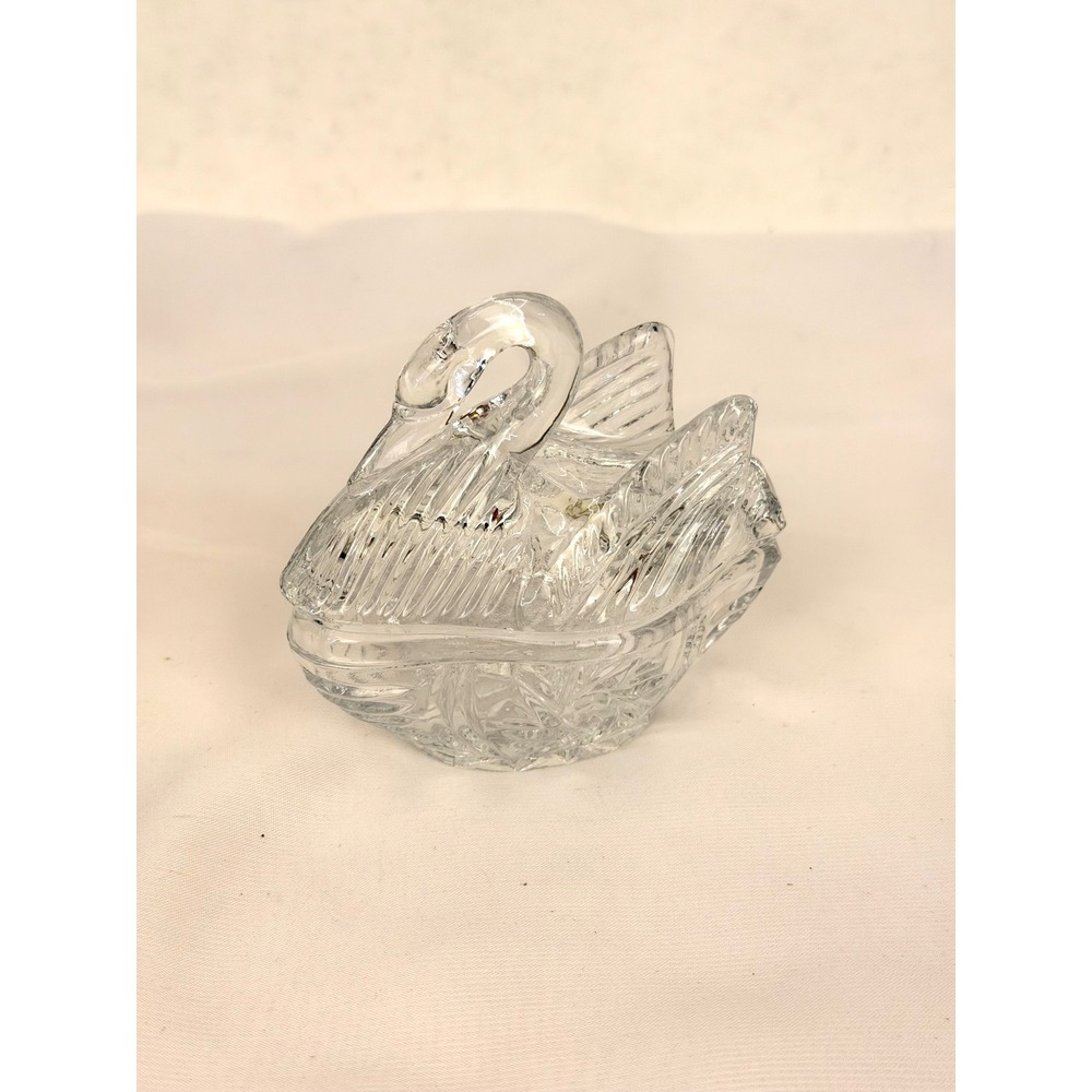 Vintage Clear Crystal Glass Swan Trinket Dish Lidded Jewelry Box 2 Piece